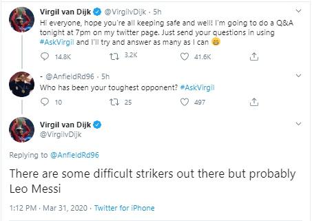 Esta fue la respuesta de Virgil Van Dijk sobre Lionel Messi
