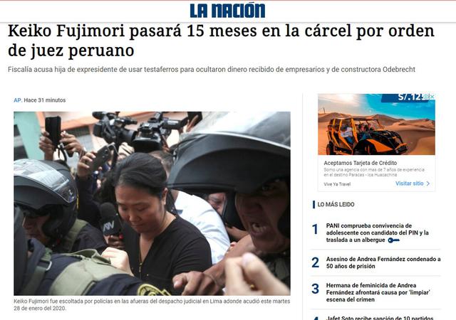 Así informó la Nación. "Keiko Fujimori pasará 15 meses en la cárcel por orden de juez peruano". (Foto: Captura)