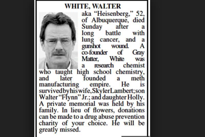 Publican obituario de "Breaking Bad" en Nuevo México