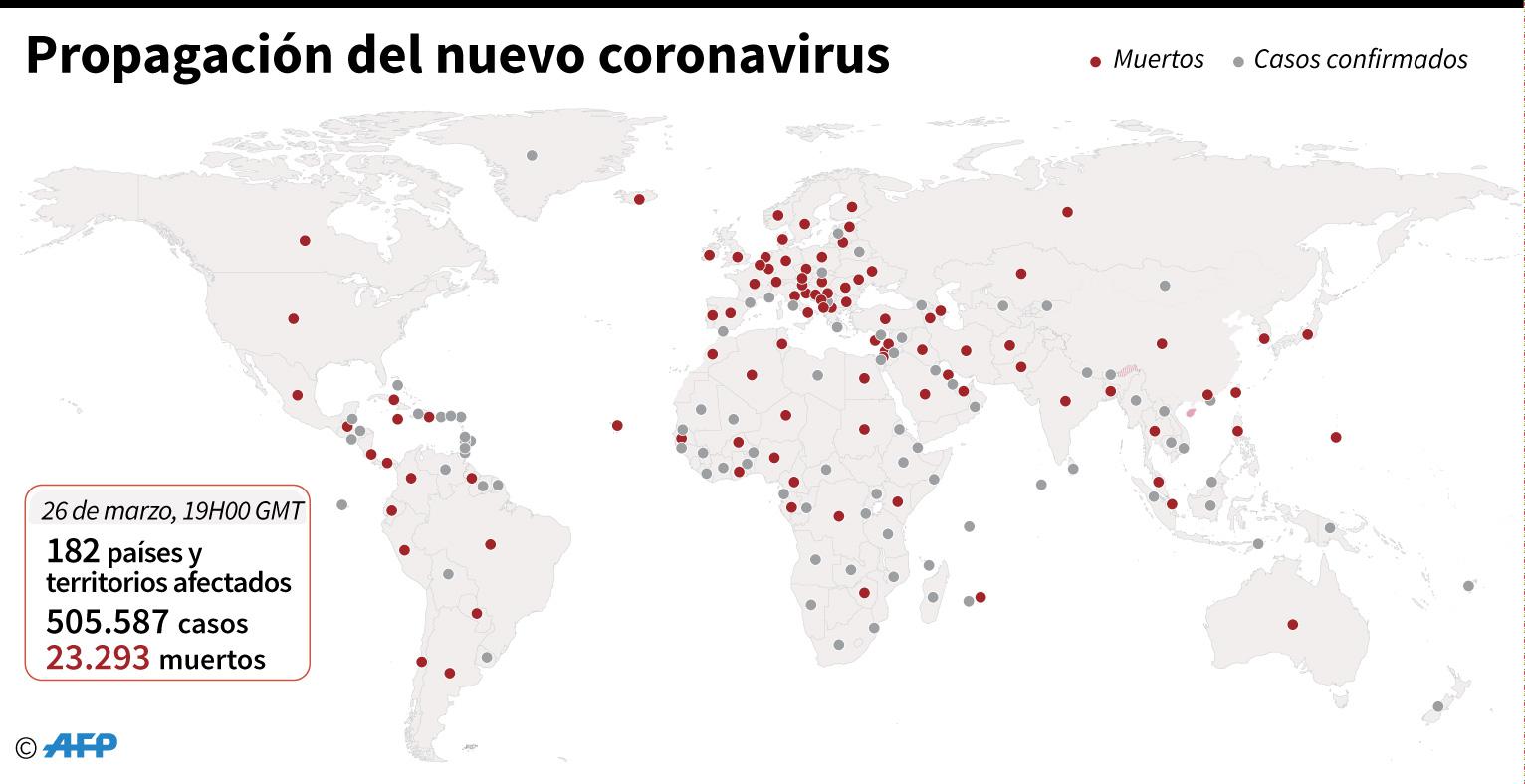 Países y territorios con casos confirmados del nuevo coronavirus, al 26 de marzo a las 19:00H (GMT). (AFP).