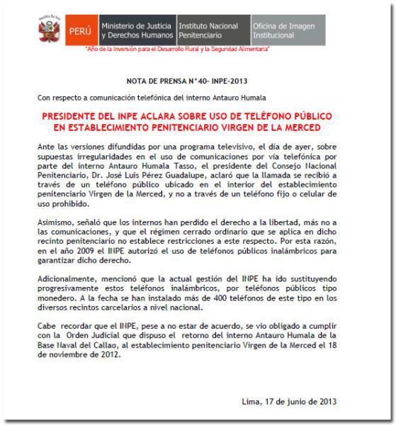 INPE niega que Antauro Humala use teléfono fijo en penal
