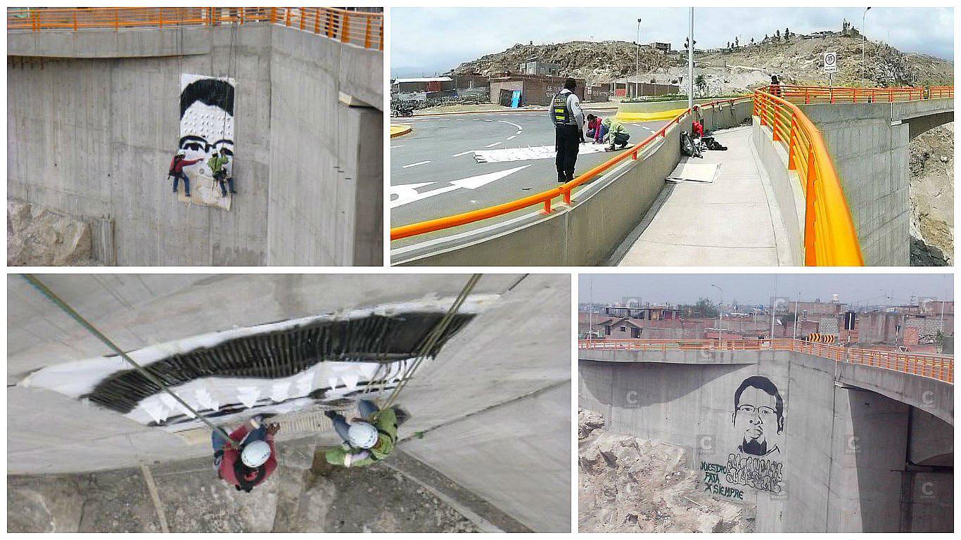 Para pintar imagen de Omar Candia en puente, se movilizó un equipo