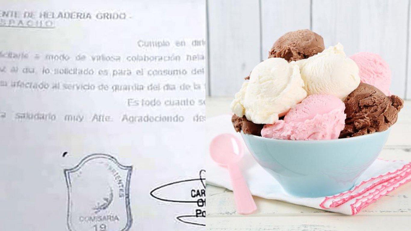 Policía pidió por escrito que le regalen un kilo de helado por día