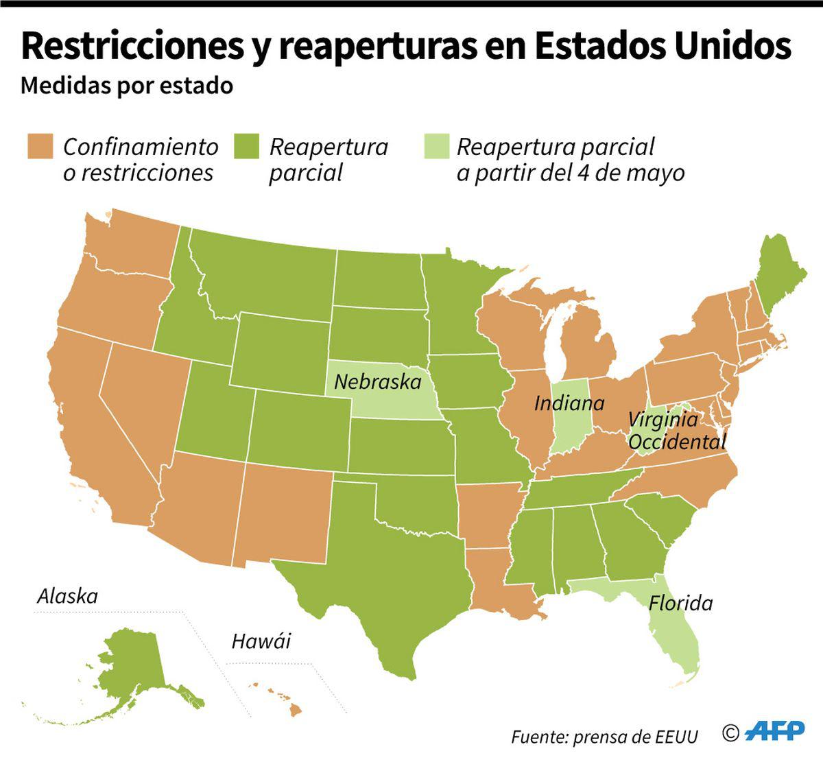 Mapa de Estados Unidos con las medidas en vigor por estado con las reaperturas parciales previstas el 4 de mayo. (Gráfico: AFP/Sophie Ramis, Jonathan Walter)
