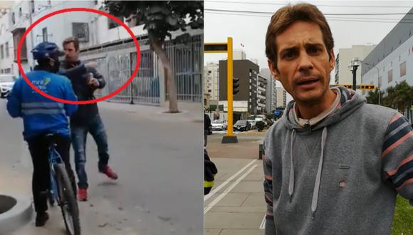 El preciso momento en que Ramiro Alonso Dibós lanza una cachetada a un sereno y en la otra imagen cuando agrede verbalmente a un ciclista. | Foto: Composición.