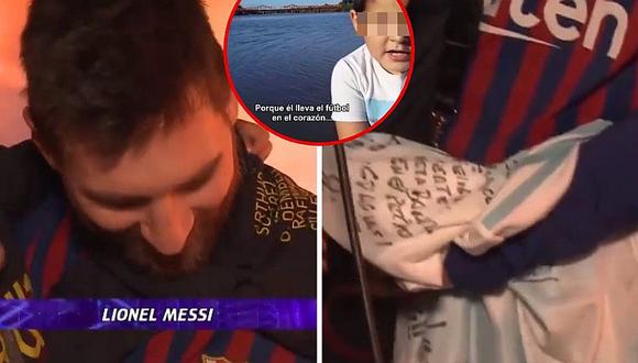 ​Lionel Messi emocionado al recibir camiseta firmada por fans y al escuchar mensajes de niños para su hijo