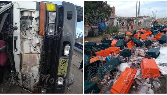 Camión que trasportaba pescado se estrelló contra un poste en Alto Moche 