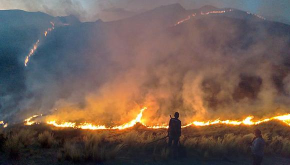 Bomberos luchan por aplacar las llamas en incendio forestal. (Foto: Juan Sequeiros)