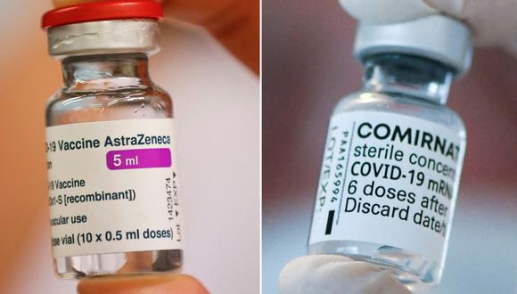 Esta combinación de imágenes creadas el 9 de abril de 2021 muestra una foto de un vial de la vacuna de AstraZeneca-Oxford y Pfizer. (Thomas SAMSON - INA FASSBENDER / AFP).
