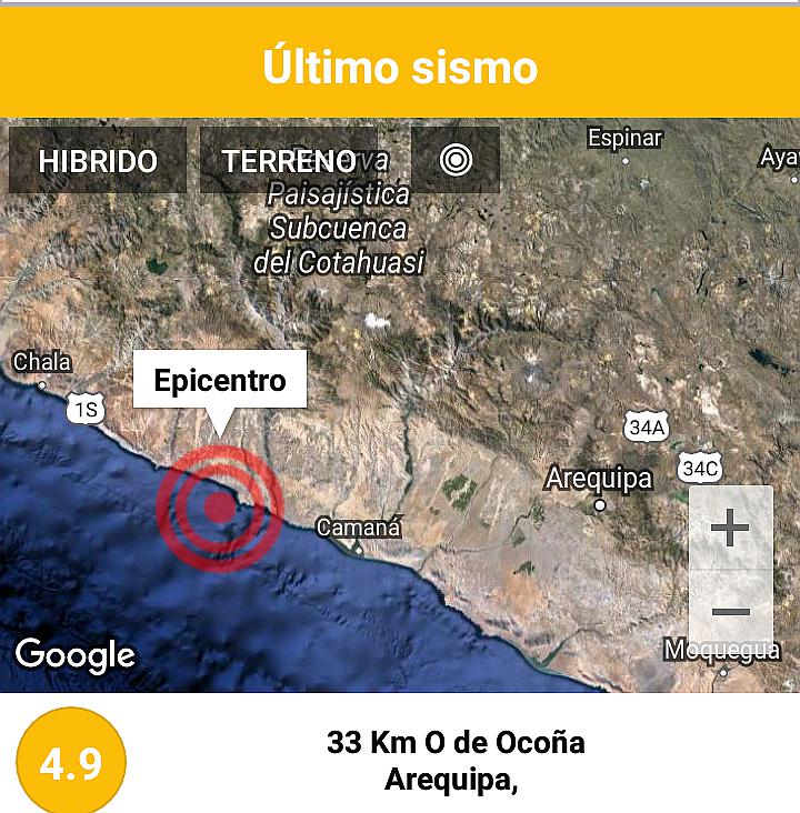 ​Fuerte sismo de 4.9 grados remece Arequipa