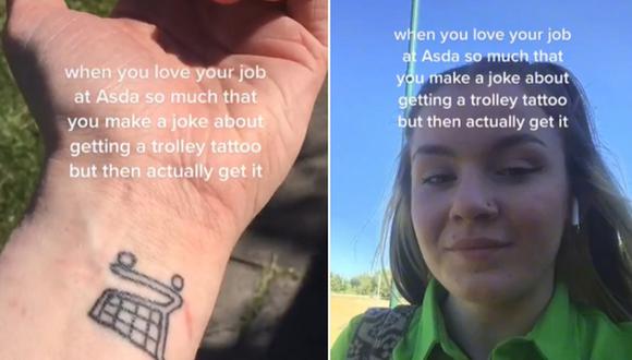 En esta imagen se aprecia a la joven que ama tanto su trabajo en un supermercado que se tatuó un carro de compras. (Foto: @leahlovesthevamps / TikTok)