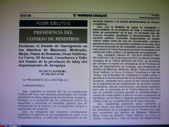 Gobierno declara Estado de Emergencia en 9 distritos de Islay pero solo tiene 6