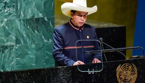 El presidente del Perú, Pedro Castillo, se dirige a la 76 Asamblea General de la ONU el 21 de septiembre de 2021 en Nueva York. (Mary Altaffer / AFP).