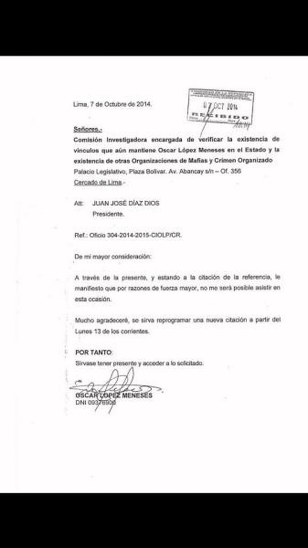 López Meneses no acudirá a citación del Congreso