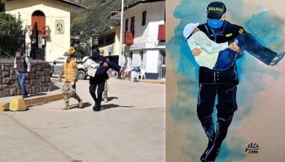 Piura: Artista plástica retrata a policía que cargó en abrazos a anciano para que cobre su bono 380 y se hace viral en redes sociales.