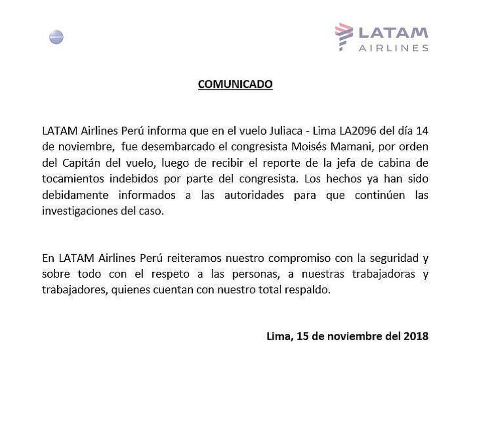 Aerolínea informa que Moisés Mamani fue bajado por tocamientos indebidos