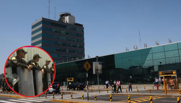 Policías resguardan aeropuerto Jorge Chávez. Foto: composición