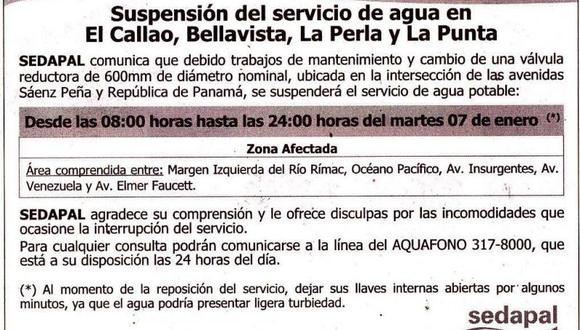Suspenderán servicio de agua en El Callao el martes 7 de enero