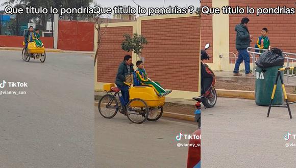 Hombre lleva a su hijo al colegio en un carrito de helados. (Foto: composición EC)