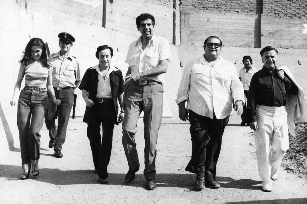 Roberto Gómez Bolaños, Florinda Meza, Rubén Aguirre, Edgar Vivar y Horacio Gómez Bolaños, parte del elenco que se presentó en el coliseo Amauta. (GEC Archivo Histórico)