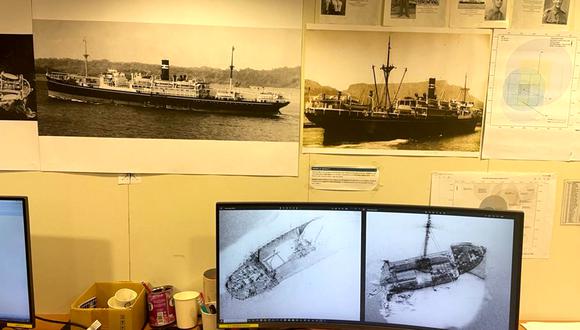 Esta foto sin fecha recibida el 22 de abril de 2023 de Silentworld Foundation muestra imágenes del Montevideo Maru, un barco de transporte japonés de la Segunda Guerra Mundial, en una pantalla durante la búsqueda del barco. (Foto: Silentworld Foundation/AFP)
