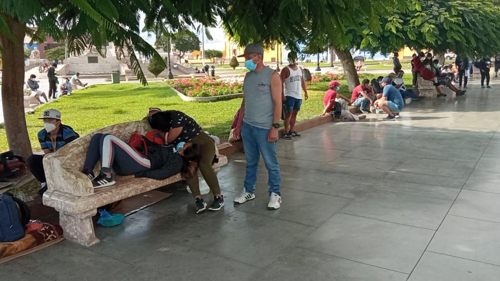 La mayoría duerme en bancas y gras de la Plaza de Armas de Trujillo para poder conseguir un balón de oxígeno y así salvarle la vida a sus pacientes. (Foto: Deyvi Mora)