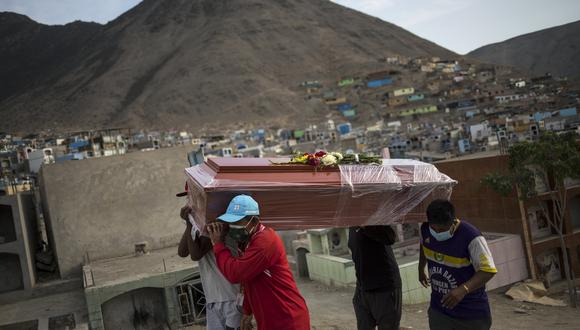 Los trabajadores llevan el ataúd con los restos de Apolinario Chávez, de 74 años, quien murió por complicaciones de COVD-19, a su lugar de descanso final en el cementerio “Mártires 19 de Julio” en Lima, Perú. (Foto: Rodrigo Abd / AP)