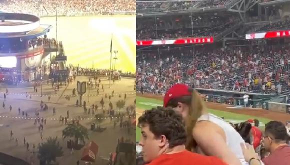 Un grupo de personas escapando del estadio tras oír la alarma del tiroteo, mientras que otros espectadores permanecen en sus asientos y atentos ante cualquier amenaza. (Foto: capturas de pantalla | Twitter)