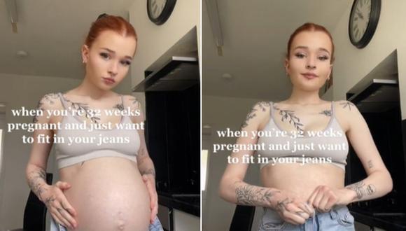 En esta imagen se aprecia cómo la joven embarazada de 32 semanas encoge su barriga para que le quede un pantalón jean. (Foto: @chloelizabethrosee / TikTok)