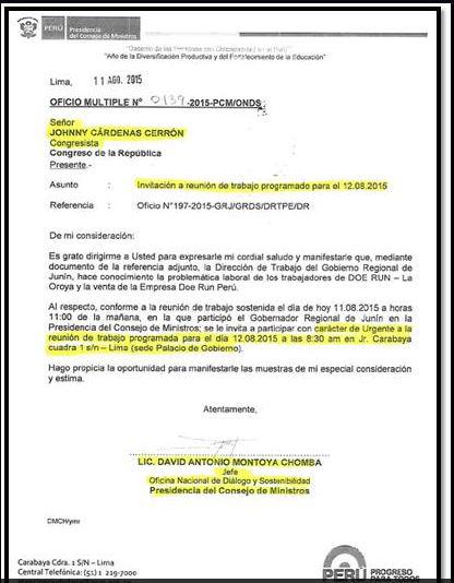 PCM convoca a reunión para tratar problema social de La Oroya