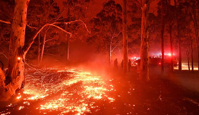 Las brasas encendidas cubren el suelo mientras los bomberos luchan contra incendios forestales alrededor de la ciudad de Nowra en el estado australiano de Nueva Gales del Sur el 31 de diciembre de 2019. (Foto: AFP)