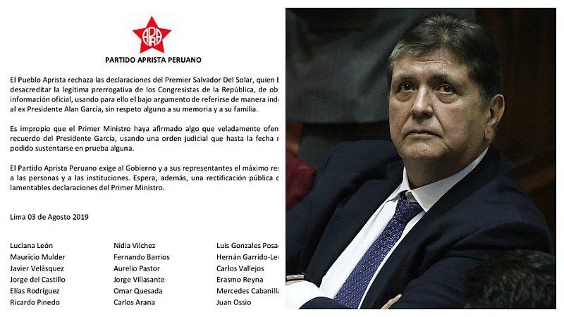 Partido Aprista rechaza declaraciones de Del Solar sobre Alan García 