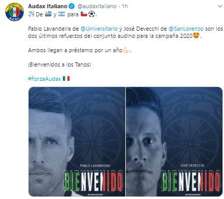 El anuncio de Audax Italiano sobre el fichaje de Pablo Lavandeira.