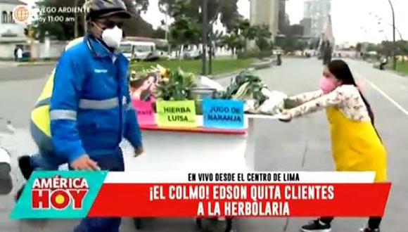 "América Hoy”: ‘Giselo’ pide a serenazgo que desaloje a ‘La Herbolaria’ por vender emoliente en plena avenida. (Foto: captura de video)