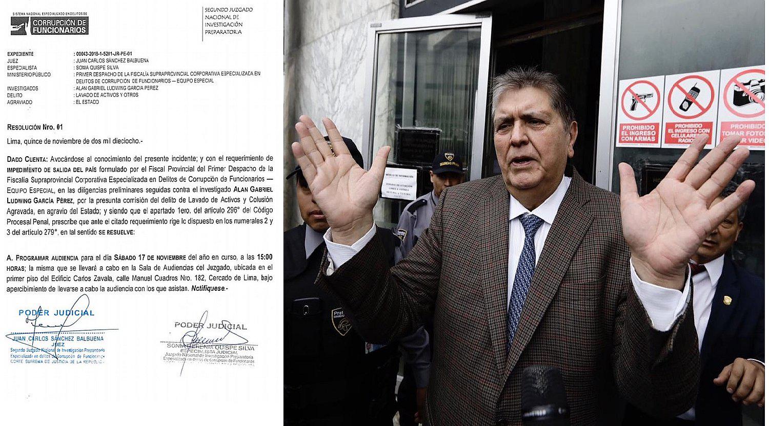 Poder Judicial realizará el sábado audiencia sobre impedimento de salida del país contra Alan García