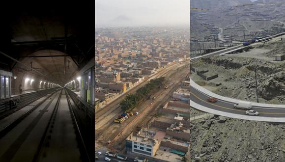Las tres de las más grandes obras que se esperan inaugurar en Lima y Callao son la Línea 2 del Metro, la ampliación norte del Metropolitano y Pasamayito.  (Foto composición: MTC/GEC/Municipalidad de Lima)