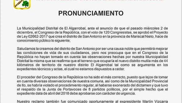 Alcalde de El Algarrobal se opone a creación del distrito San Antonio