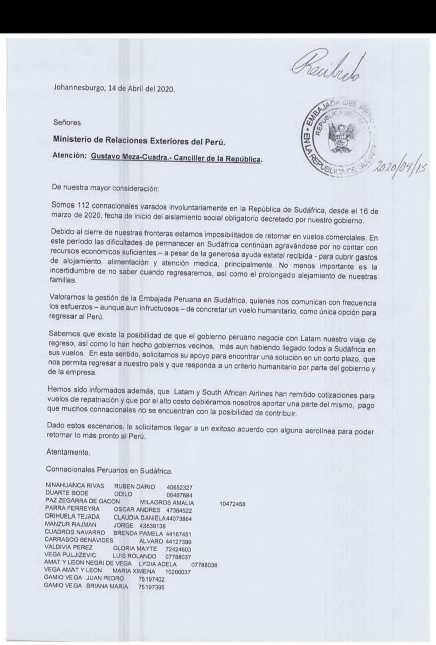 Peruanos varados en Sudáfrica piden ser repatriados en vuelo humanitario