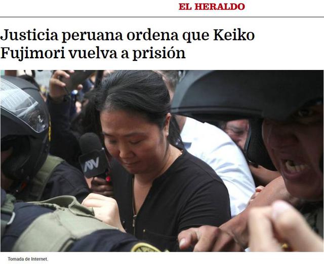 Así informó El Heraldo. "Justicia peruana ordena que Keiko Fujimori vuelva a prisión". (Foto: Captura)
