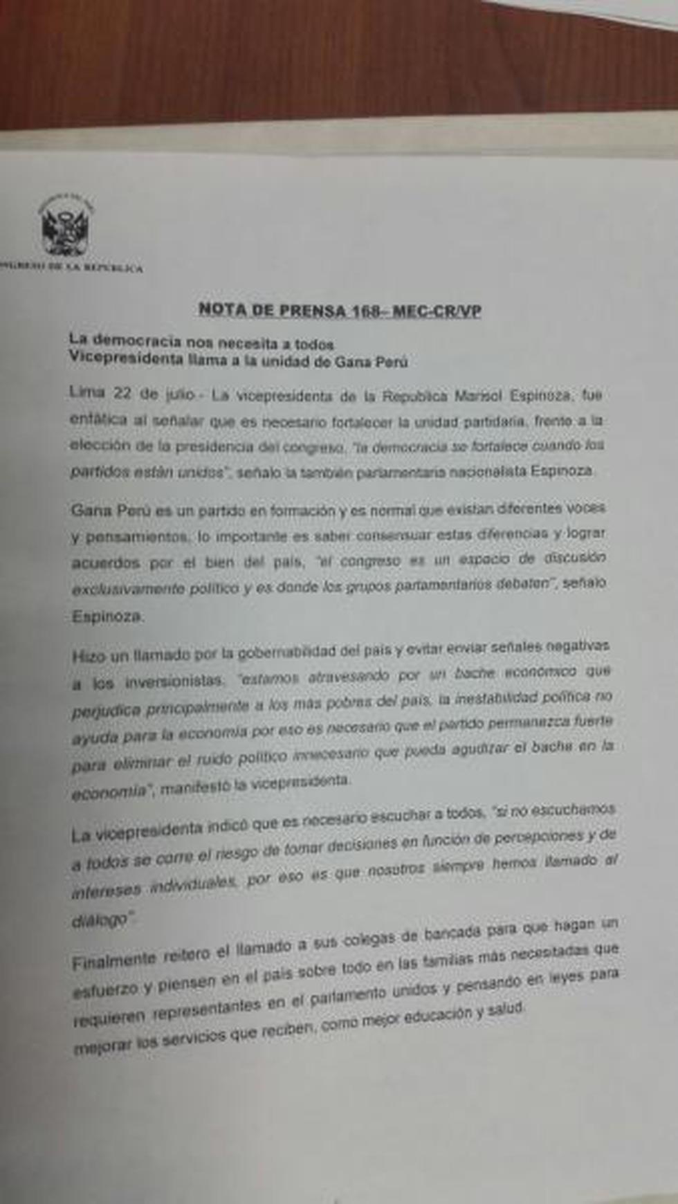 Marisol Espinoza no pidió votar por Solórzano