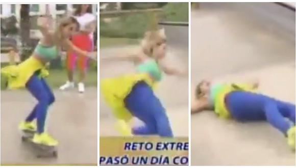 ​Sheyla Rojas intenta subir a un skate pero termina en el suelo (VIDEO)