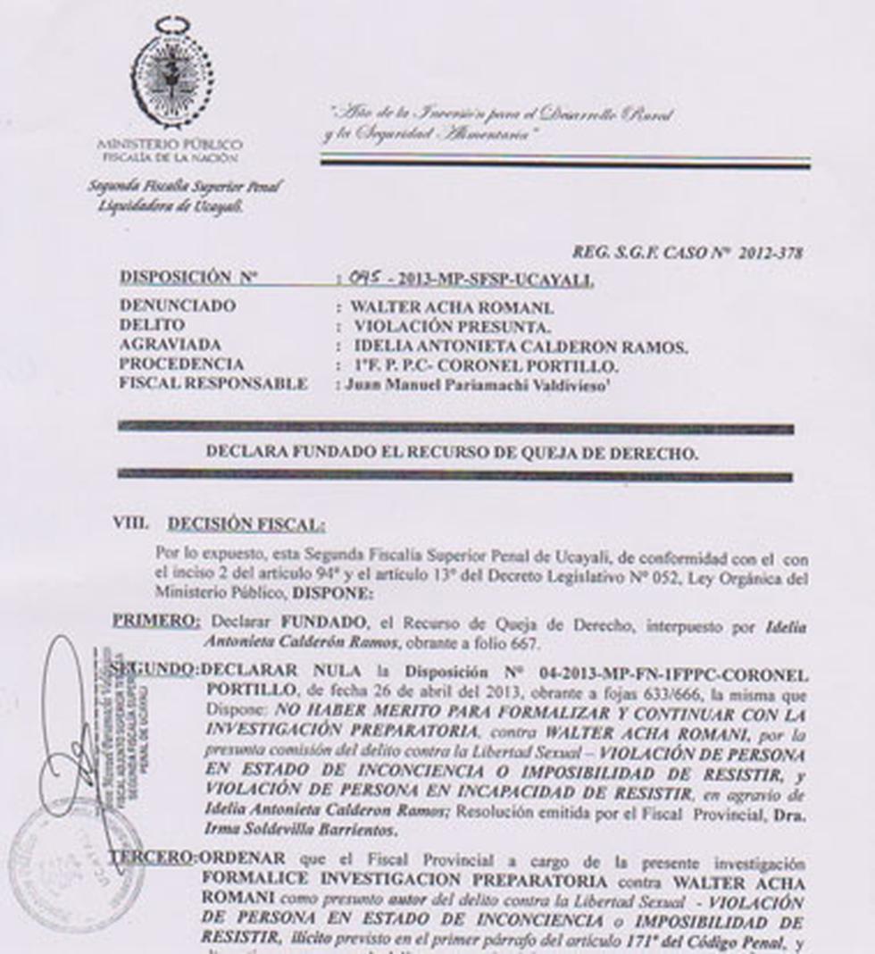 Ucayali: Fiscal ordena formalizar investigación al congresista Walter Acha por violación