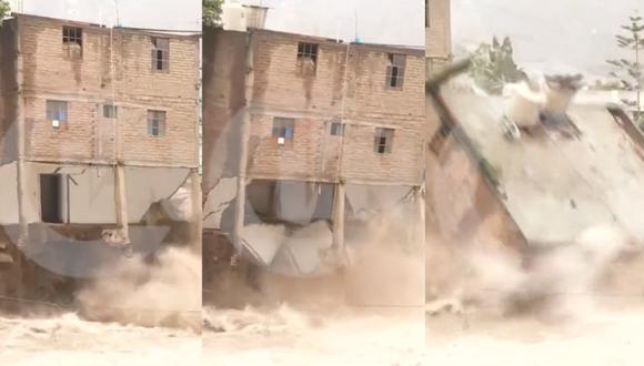 Casa de tres pisos se desploma sobre el río Rímac. Foto: Latina