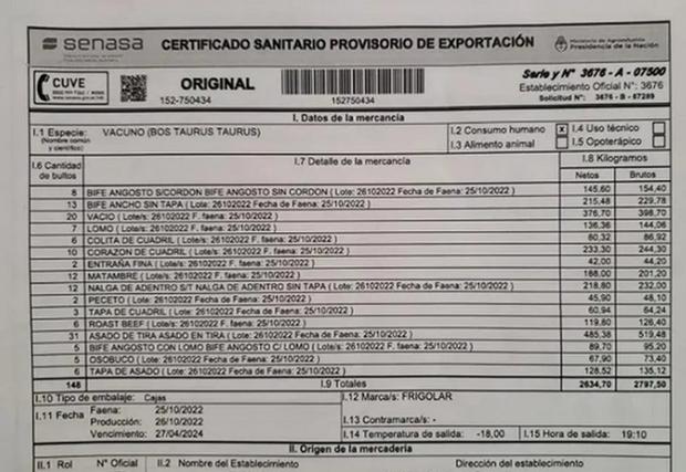 Factura de Senasa que muestra la cantidad de carne llevada a Qatar por la Selección Argentina. 