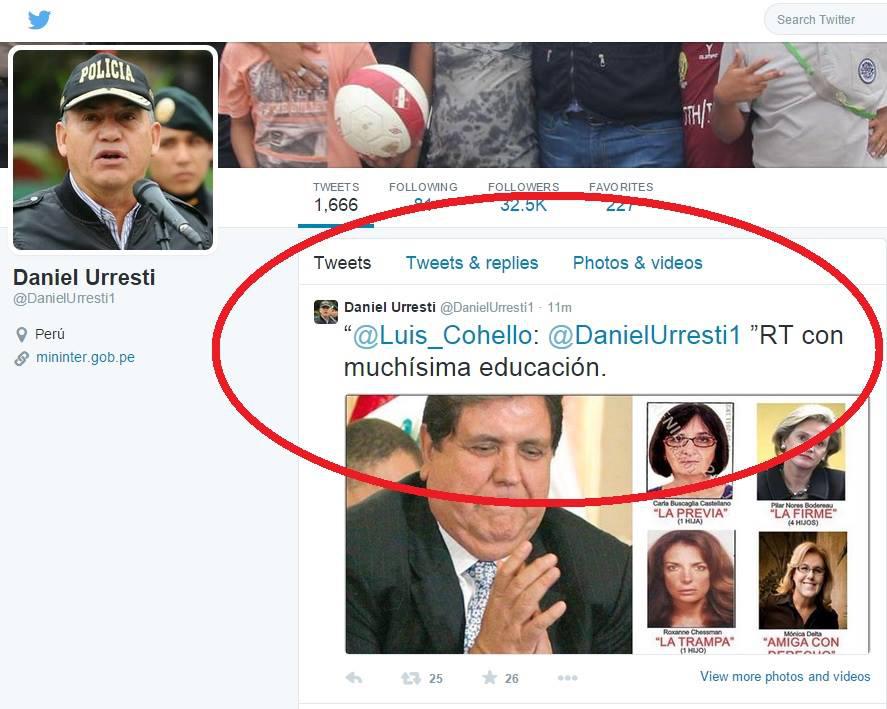 Daniel Urresti lanza nuevamente publicación ofensiva contra Alan García en Twitter