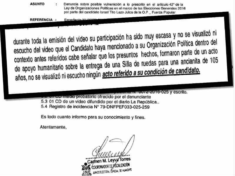 ​Fiscalización del JNE exculpa a candidato fujimorista Israel Lazo
