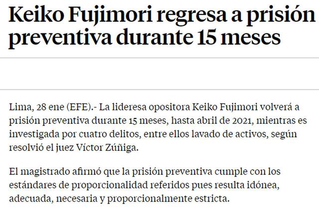 Así informó La Vanguardia. "Keiko Fujimori regresa a prisión preventiva durante 15 meses". (Foto: Captura)