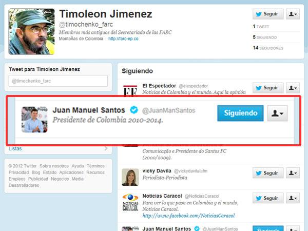 El jefe máximo de las FARC sigue a presidente Santos en Twitter