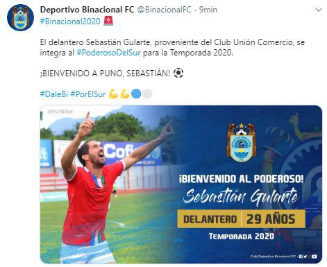 El anuncio de Binacional sobre el fichaje de Sebastián Gularte.