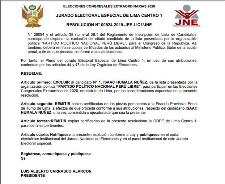Resolución que excluye a Isaac Humala del proceso electoral.
